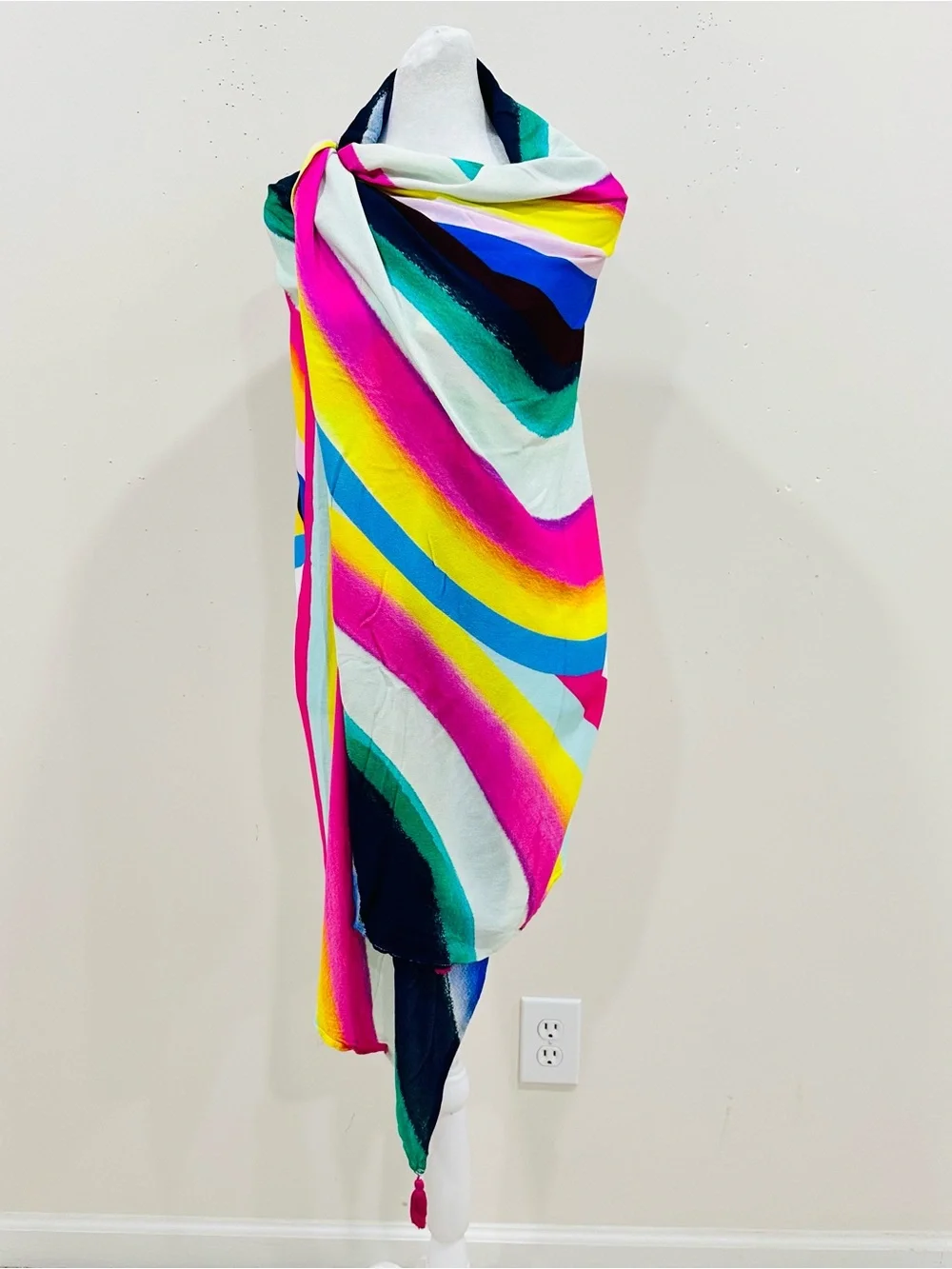 Vibrant Rainbow Stripe Poncho Swim Cover Up Beach Sarong Caftan Wrap Tassels OS‎